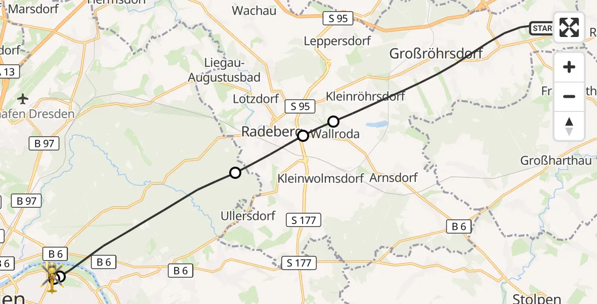 Flugroute Rettungshubschrauber Großröhrsdorf - Dresden University Hospital, 08 Juli 2026, 13:34