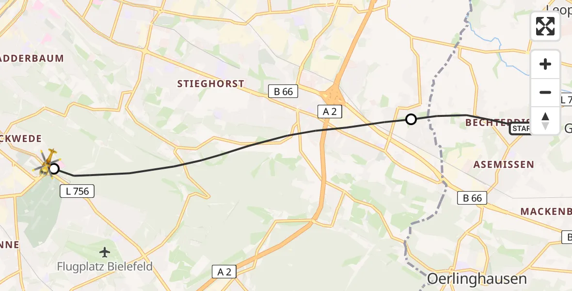 Flugroute Rettungshubschrauber Leopoldshöhe - Luftrettungszentrum Bielefeld, 08 Juli 2026, 13:35