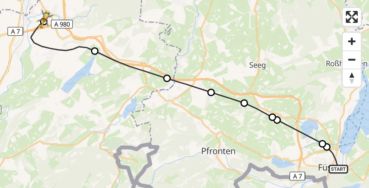 Flugroute Rettungshubschrauber Füssen - Kempten-Durach Flugplatz, 08 Juli 2026, 13:38