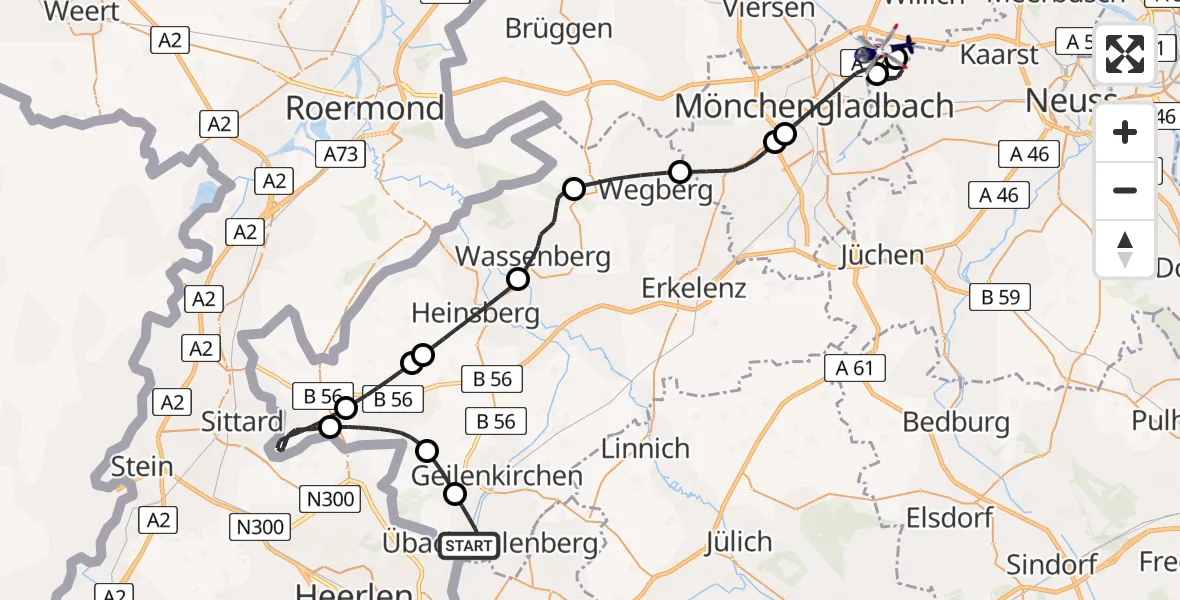 Flugroute Polizeihubschrauber Übach-Palenberg - Mönchengladbach Flughafen, 08 Juli 2026, 13:39