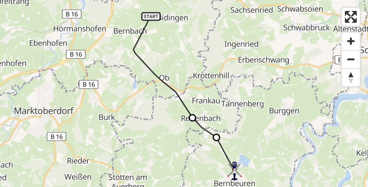 Flugroute Polizeihubschrauber Bidingen - Bernbeuren, 08 Juli 2026, 13:48