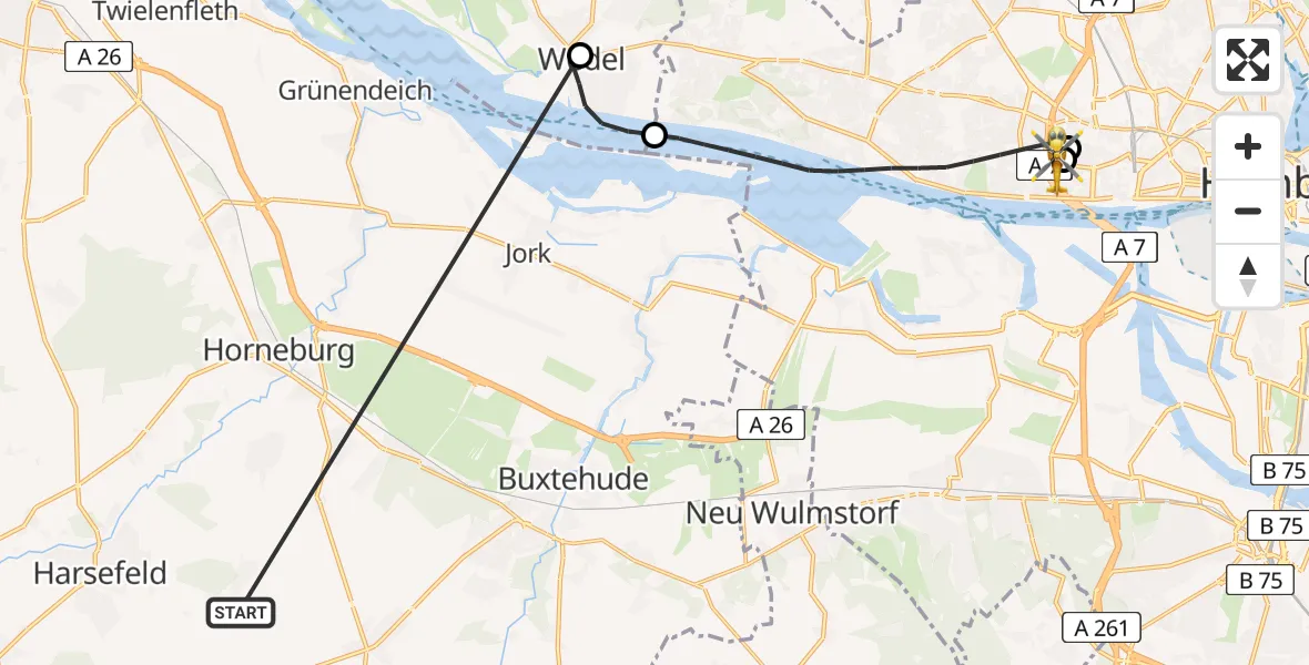 Flugroute Rettungshubschrauber Harsefeld - Asklepios Hospital Altona, 08 Juli 2026, 13:53