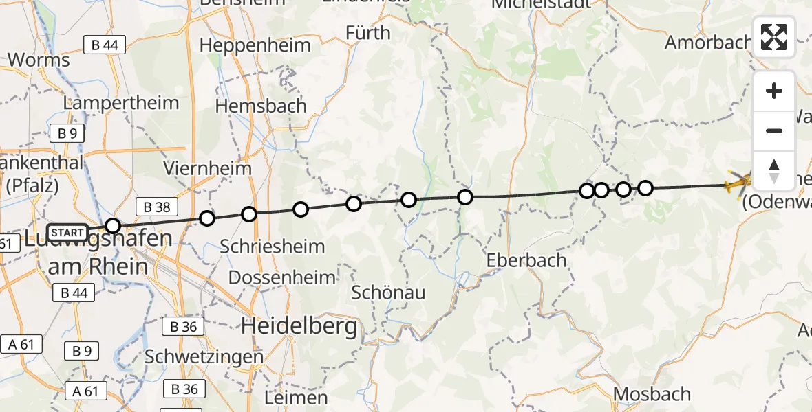 Flugroute Rettungshubschrauber Ludwigshafen am Rhein - Buchen (Odenwald), 08 Juli 2026, 13:55