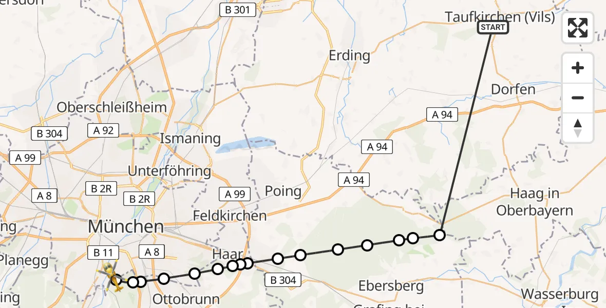 Flugroute Rettungshubschrauber Taufkirchen (Vils) - ADAC Air Rescue Center Hubschrauberlandeplatz (Christoph 1), 08 Juli 2026, 13:59