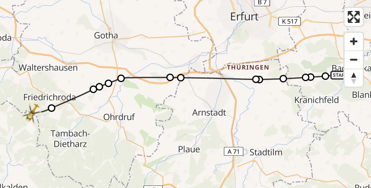 Flugroute Ambulanzhubschrauber Bad Berka - Friedrichroda, 08 Juli 2026, 14:00