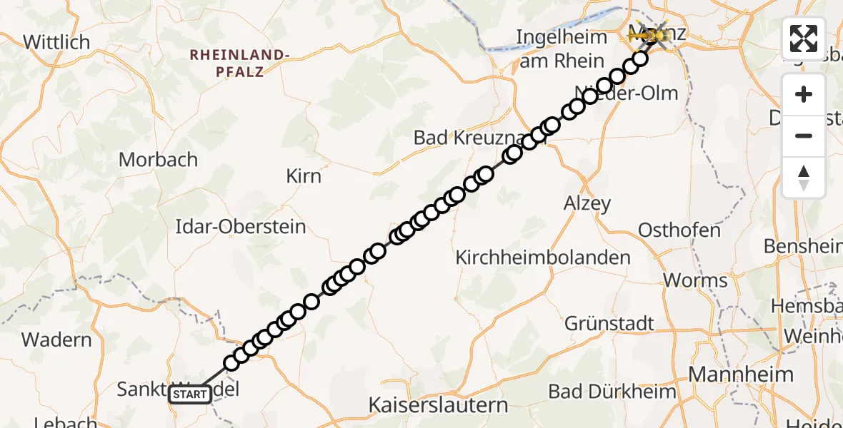 Flugroute Rettungshubschrauber St. Wendel - Mainz University Hospital, 08 Juli 2026, 14:05