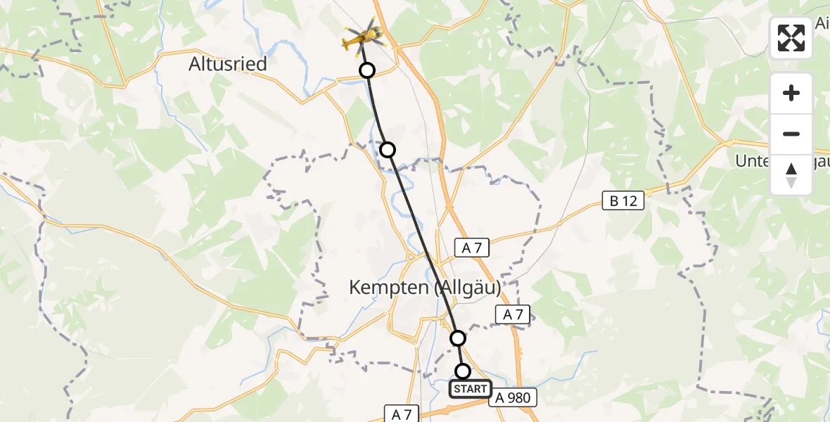 Flugroute Rettungshubschrauber Kempten-Durach Flugplatz - Dietmannsried, 08 Juli 2026, 14:06