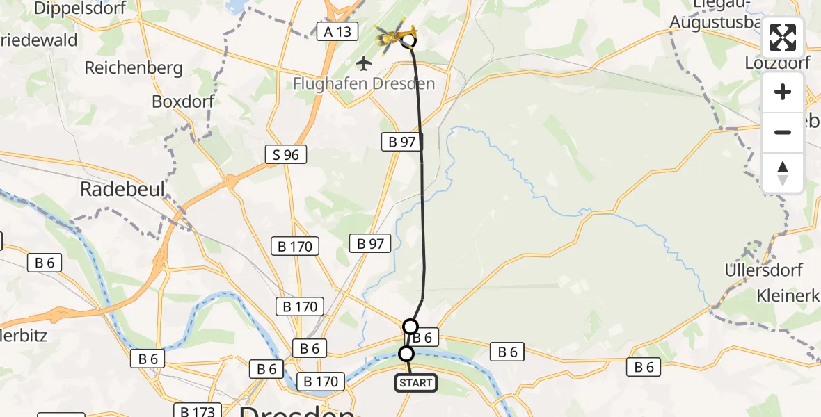 Flugroute Rettungshubschrauber Dresden University Hospital - Dresden Bundespolizei Hubschrauberlandeplatz, 08 Juli 2026, 14:10