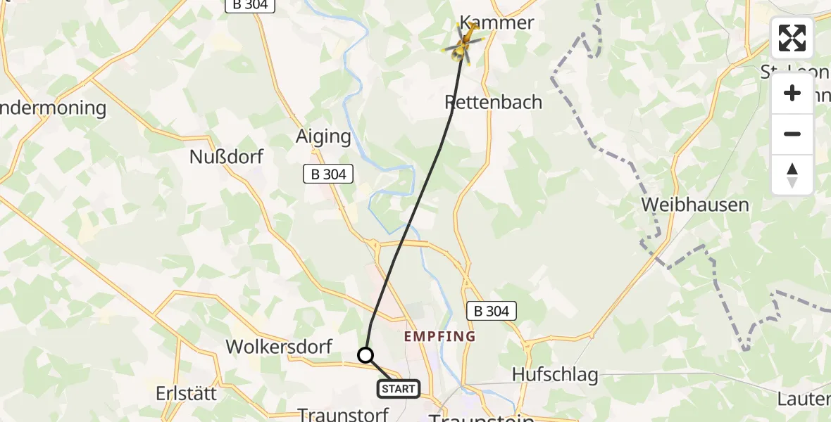 Flugroute Rettungshubschrauber Traunstein Hospital - Traunstein, 08 Juli 2026, 14:11