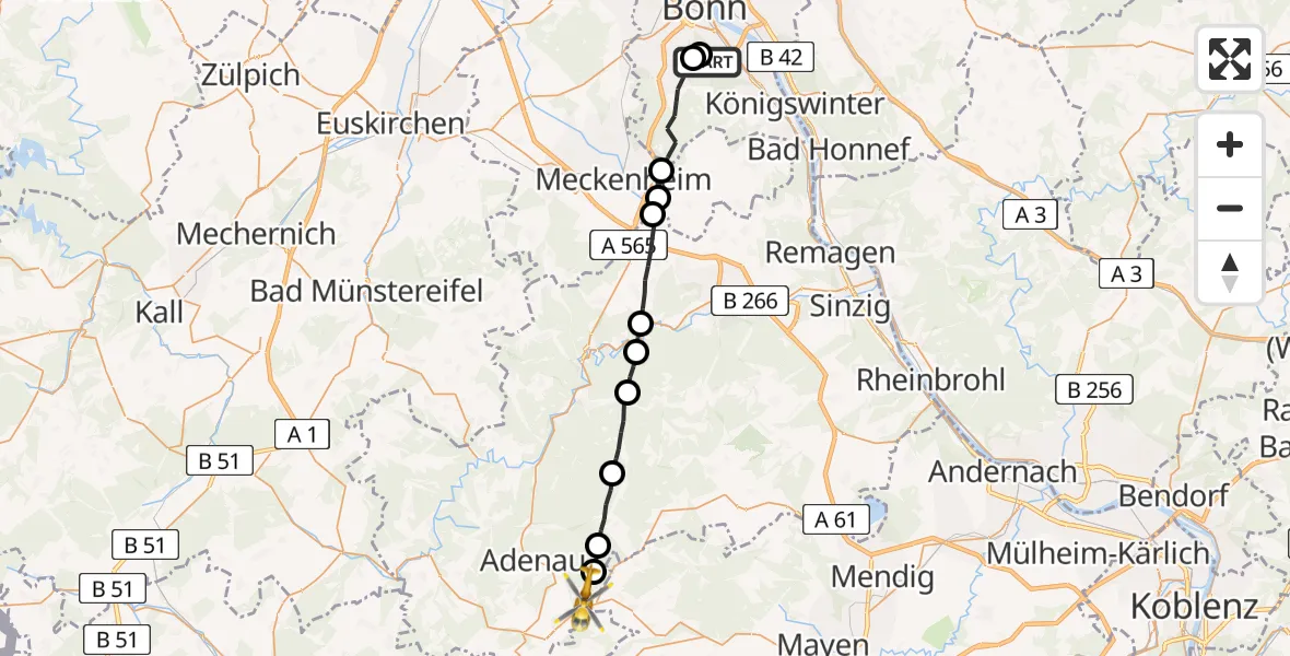 Flugroute Rettungshubschrauber Bonn University Hospital - Herschbroich, 08 Juli 2026, 14:12