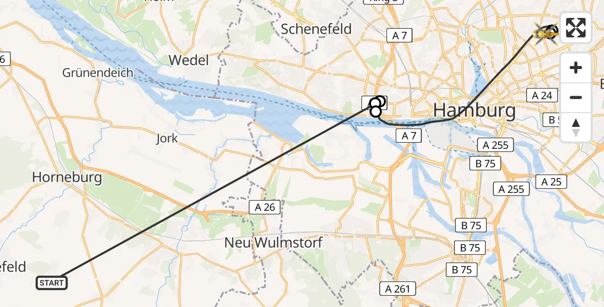 Flugroute Rettungshubschrauber Harsefeld - Hamburg Military Hospital, 08 Juli 2026, 14:16