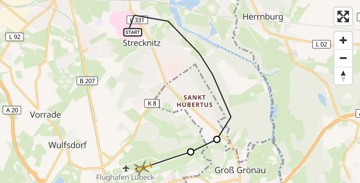 Flugroute Rettungshubschrauber Lübeck - Lübeck Blankensee Flughafen, 08 Juli 2026, 14:21