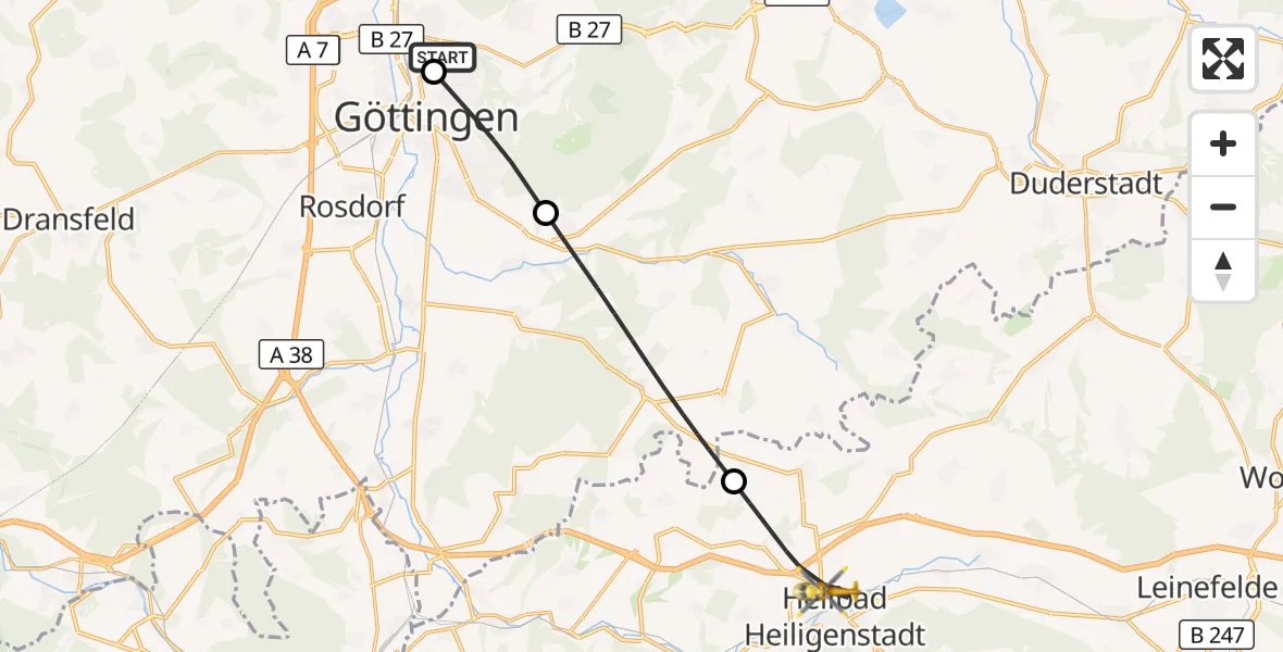 Flugroute Rettungshubschrauber Göttingen University Clinic Hubschrauberlandeplatz - Heilbad Heiligenstadt, 08 Juli 2026, 14:26