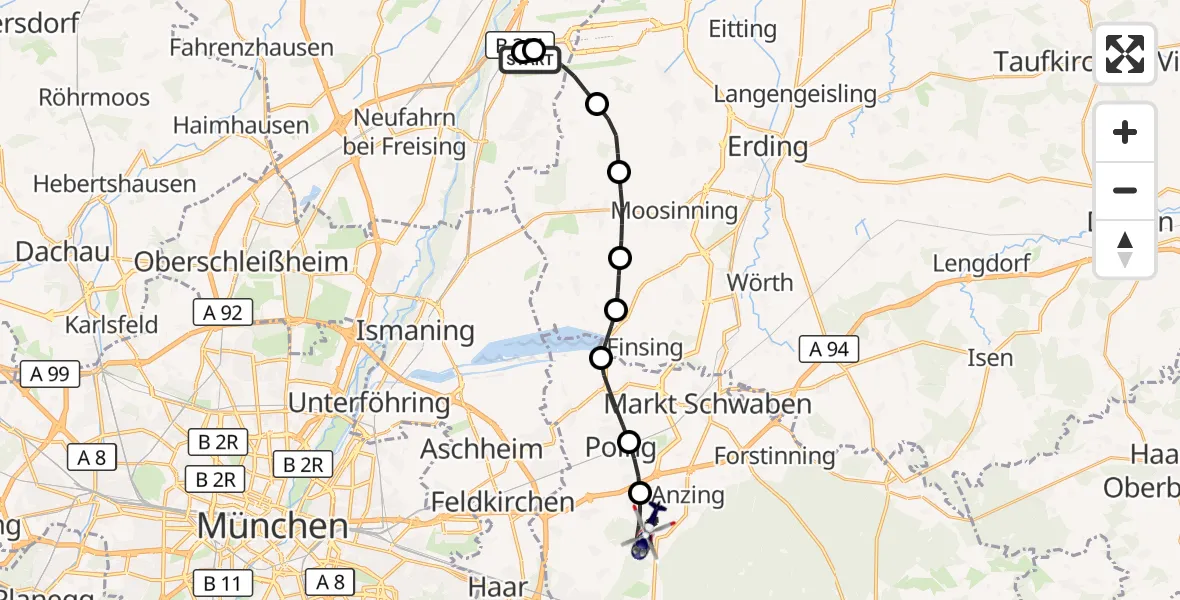 Flugroute Polizeihubschrauber München Flughafen - Vaterstetten, 08 Juli 2026, 14:28