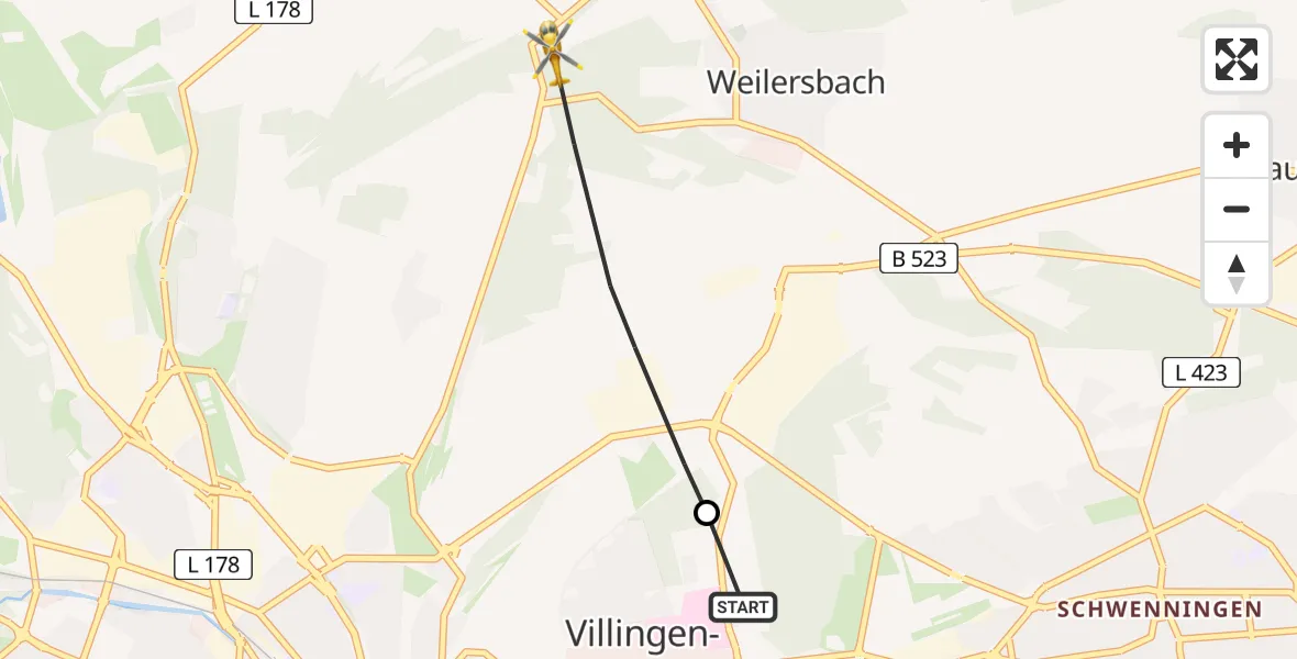 Flugroute Ambulanzhubschrauber DRF Air Rescue Station Villingen-Schwenningen Hubschrauberlandeplatz (Christoph 11) - Villingen-Schwenningen, 08 Juli 2026, 14:29