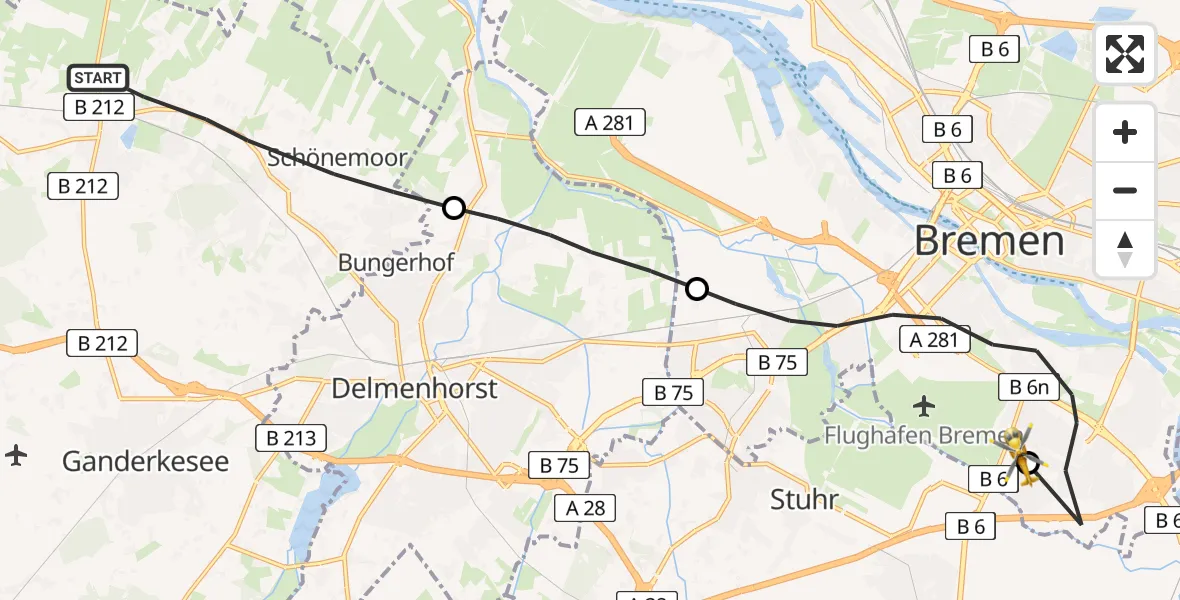 Flugroute Rettungshubschrauber Ganderkesee - ADAC Air Rescue Station Bremen Hubschrauberlandeplatz (Christoph 6), 08 Juli 2026, 14:29