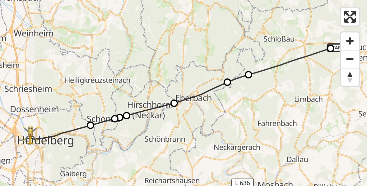 Flugroute Rettungshubschrauber Buchen (Odenwald) - Heidelberg, 08 Juli 2026, 14:40