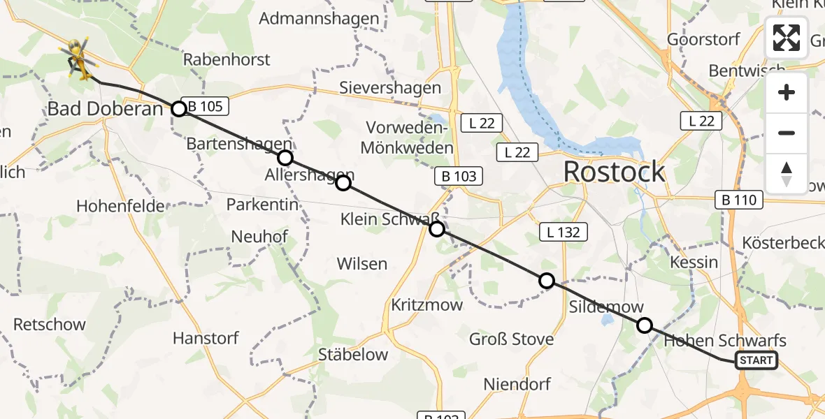 Flugroute Ambulanzhubschrauber Dummerstorf - Bad Doberan, 08 Juli 2026, 14:40
