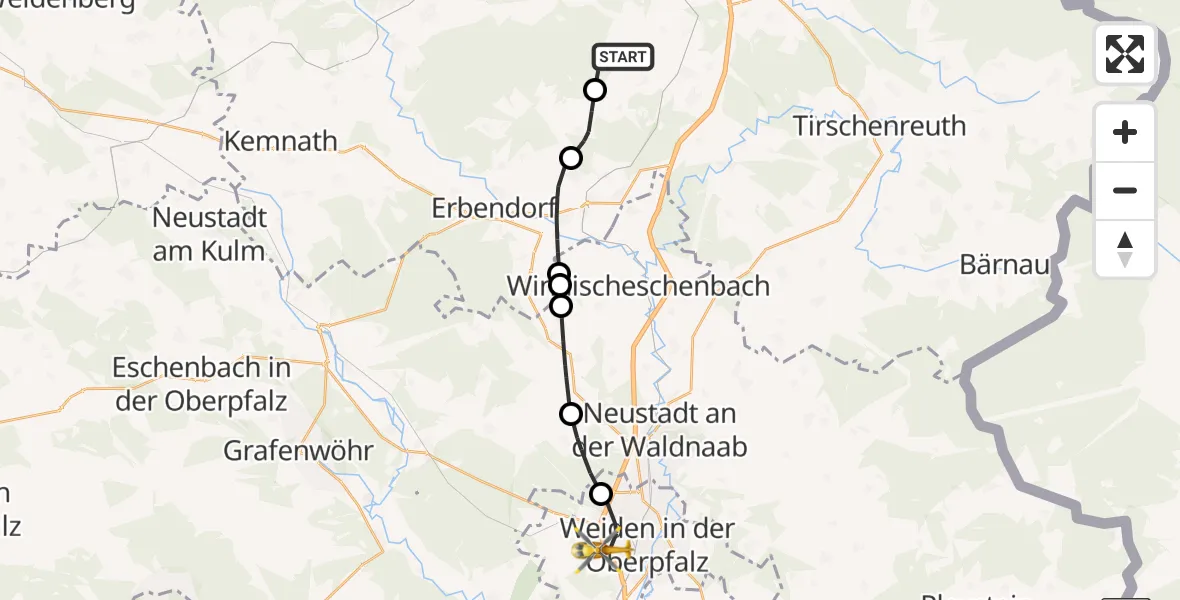 Flugroute Ambulanzhubschrauber Fuchsmühl - Weiden i.d.OPf., 08 Juli 2026, 14:43