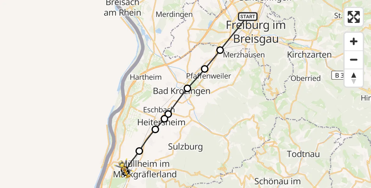 Flugroute Rettungshubschrauber Freiburg im Breisgau - Müllheim im Markgräflerland, 08 Juli 2026, 14:45