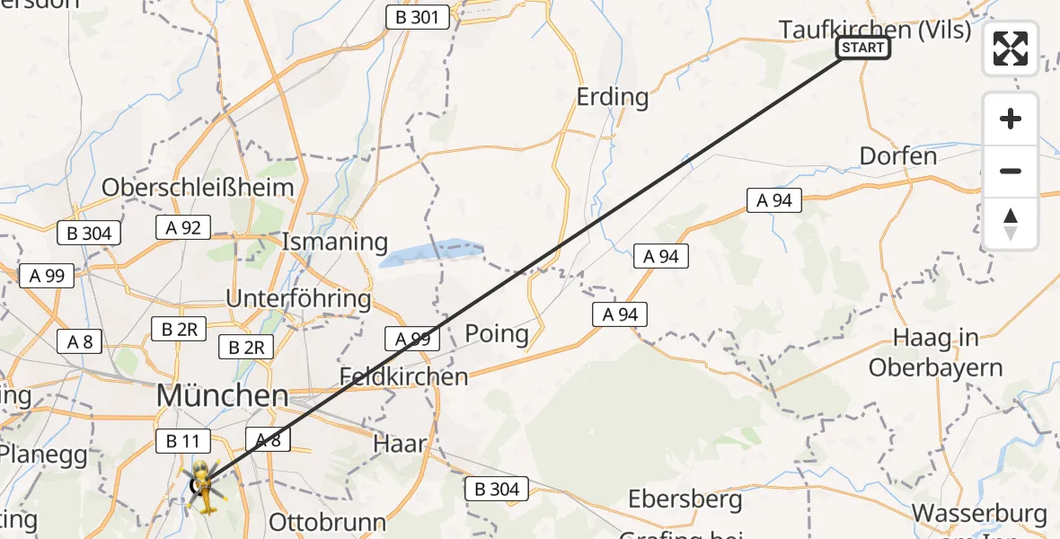 Flugroute Rettungshubschrauber Taufkirchen (Vils) - ADAC Air Rescue Center Hubschrauberlandeplatz (Christoph 1), 08 Juli 2026, 14:45