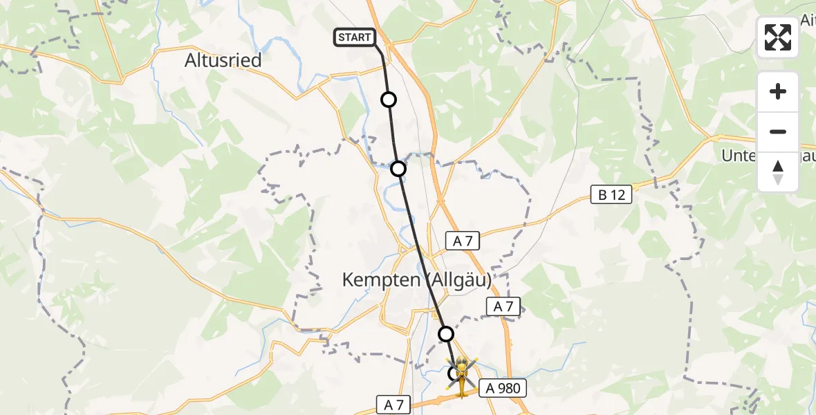 Flugroute Rettungshubschrauber Dietmannsried - Kempten-Durach Flugplatz, 08 Juli 2026, 14:49