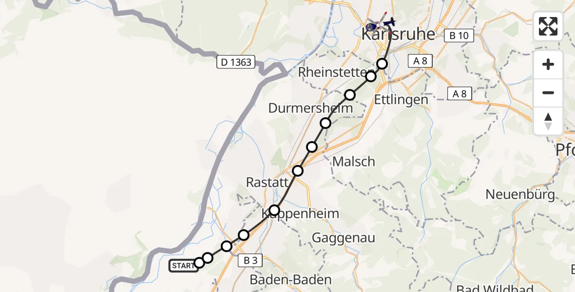Flugroute Polizeihubschrauber Karlsruhe Baden-Baden Flughafen - Karlsruhe, 08 Juli 2026, 14:49