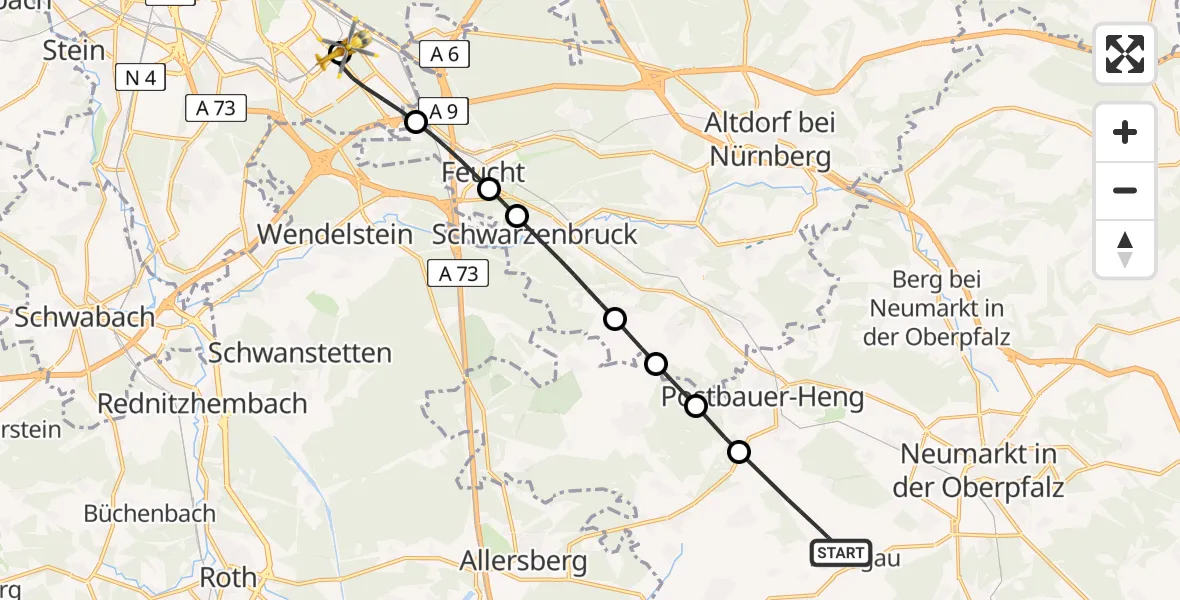 Flugroute Ambulanzhubschrauber Berngau - Nürnberg South Hospital, 08 Juli 2026, 14:51
