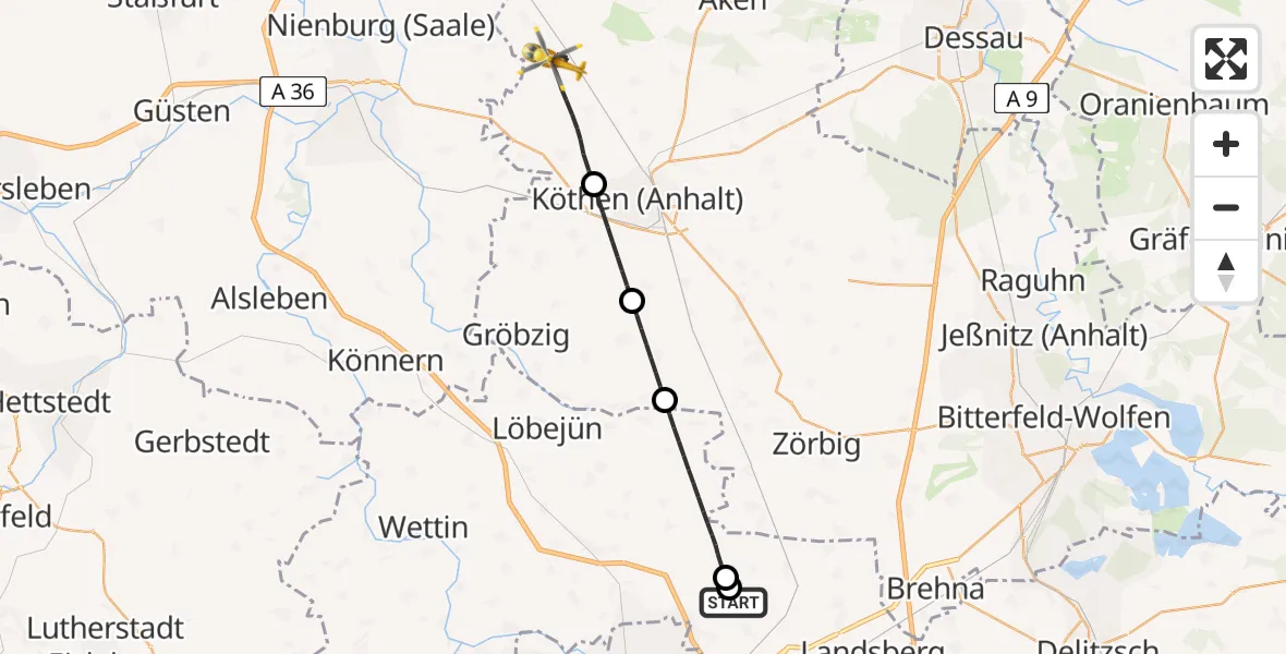 Flugroute Rettungshubschrauber Halle-Oppin Flugplatz - Osternienburger Land, 08 Juli 2026, 15:03
