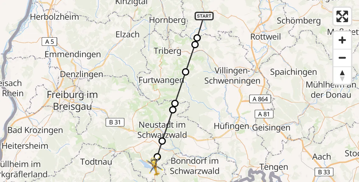 Flugroute Ambulanzhubschrauber Schramberg - Schluchsee, 08 Juli 2026, 15:05