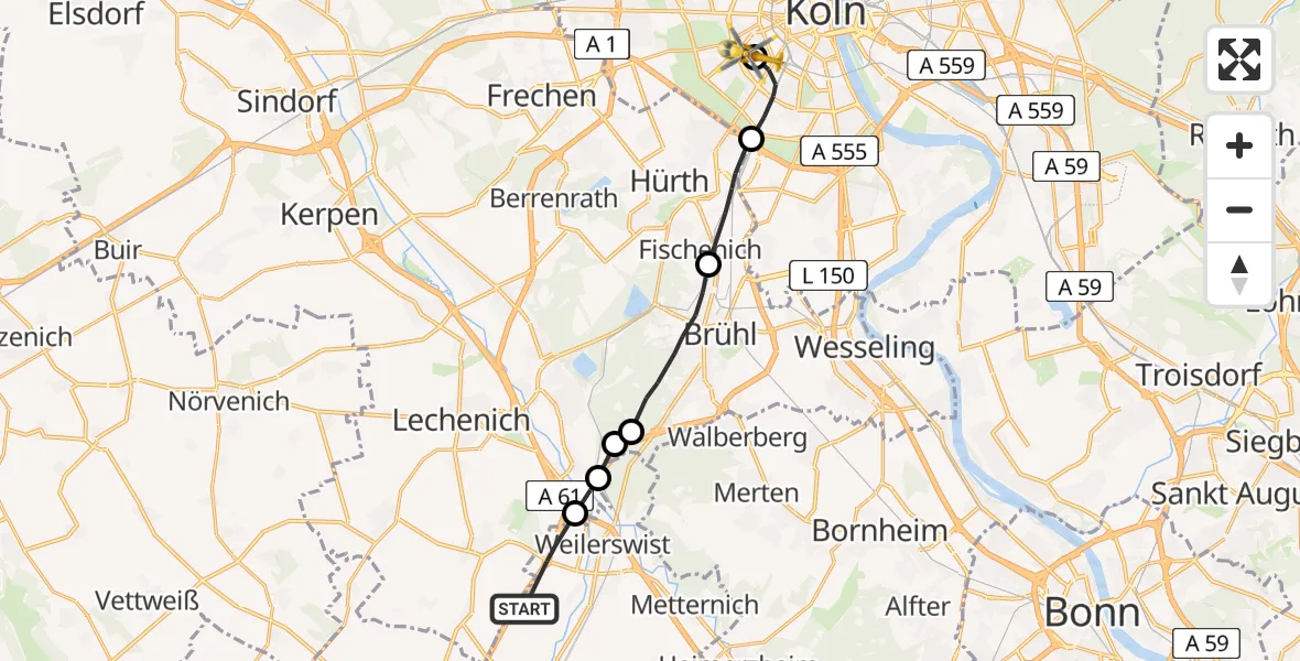 Flugroute Ambulanzhubschrauber Weilerswist - Köln University Hospital, 08 Juli 2026, 15:05