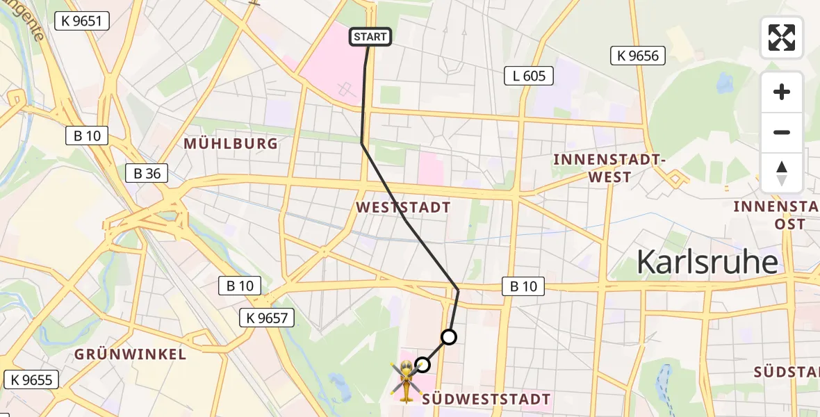 Flugroute Ambulanzhubschrauber Karlsruhe - Sankt Vincentius Hospital, 08 Juli 2026, 15:06