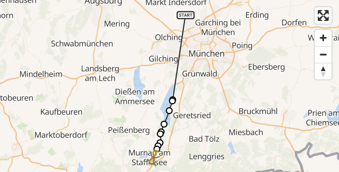 Flugroute Rettungshubschrauber Röhrmoos - Riegsee, 08 Juli 2026, 15:10