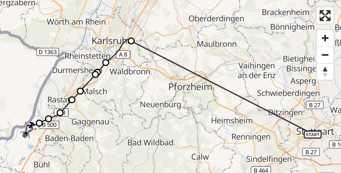 Flugroute Polizeihubschrauber Stuttgart - Karlsruhe Baden-Baden Flughafen, 08 Juli 2026, 15:11