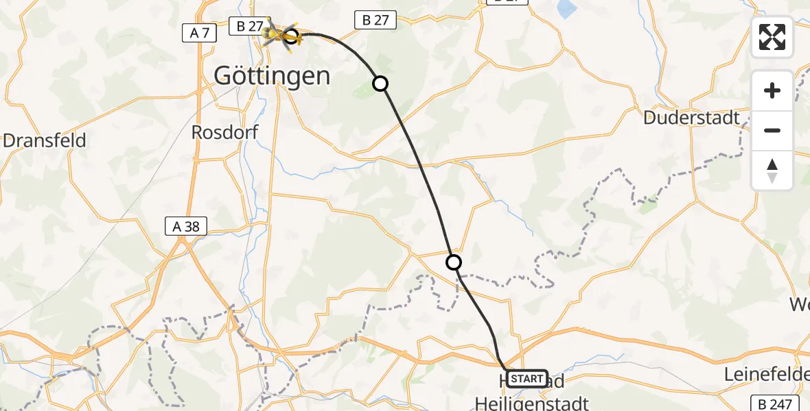 Flugroute Rettungshubschrauber Heilbad Heiligenstadt - Göttingen University Clinic Hubschrauberlandeplatz, 08 Juli 2026, 15:11