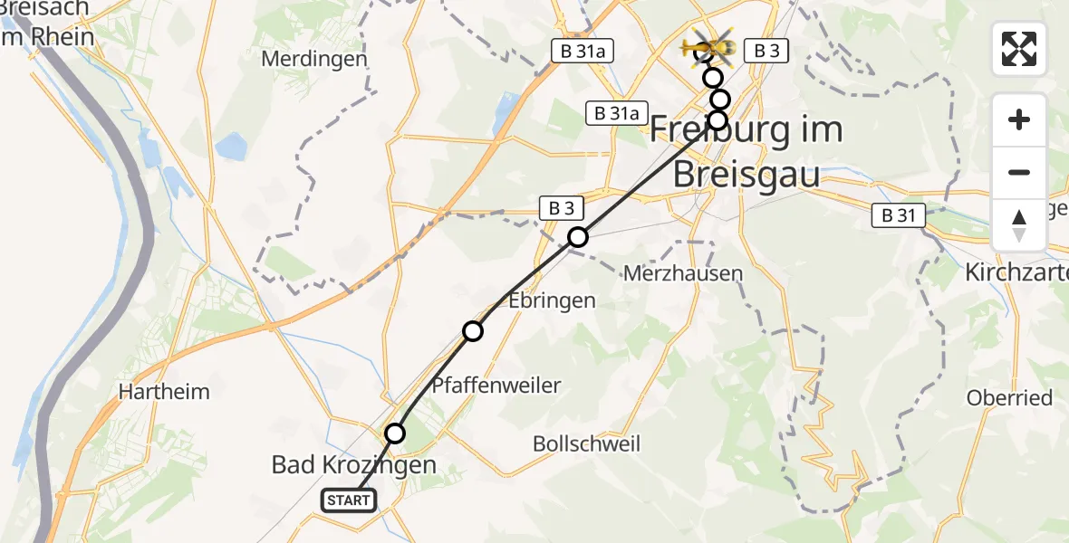 Flugroute Rettungshubschrauber Bad Krozingen - Freiburg im Breisgau Flugplatz, 08 Juli 2026, 15:12
