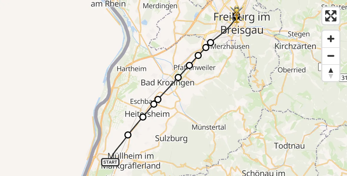 Flugroute Rettungshubschrauber Müllheim im Markgräflerland - Freiburg University Hospital Heliport 1, 08 Juli 2026, 15:16