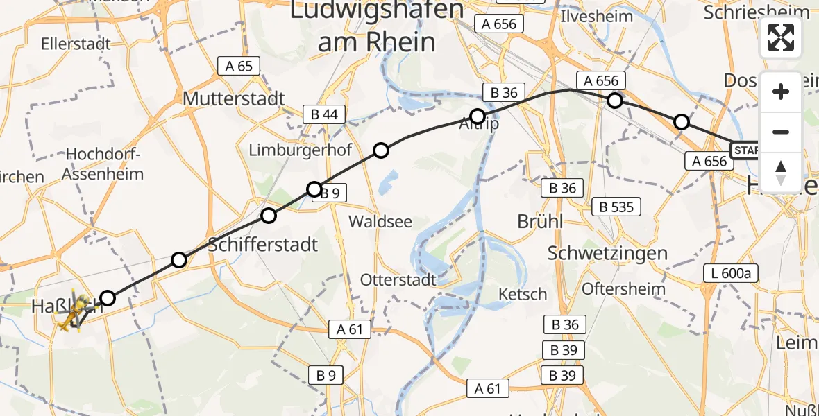 Flugroute Rettungshubschrauber Heidelberg - Haßloch, 08 Juli 2026, 15:26