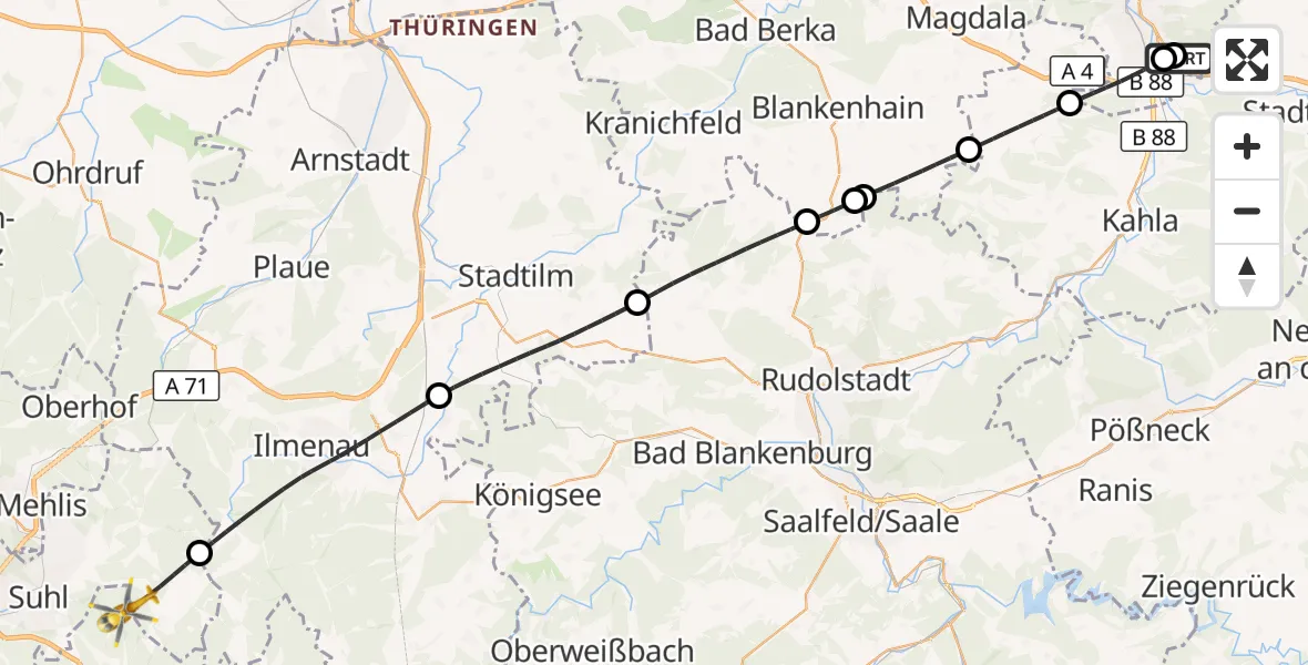 Flugroute Rettungshubschrauber Jena University Hospital - Schleusingen, 08 Juli 2026, 15:26