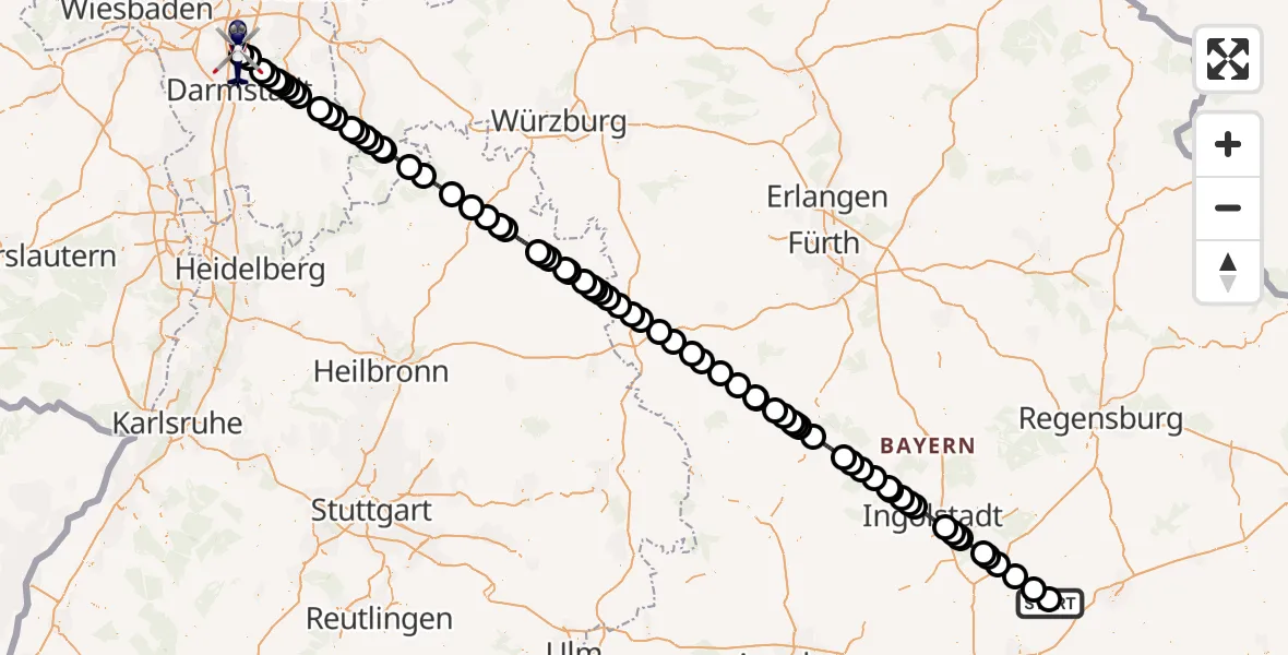 Flugroute Polizeihubschrauber Mauern - Flughafen Frankfurt-Egelsbach, 08 Juli 2026, 15:37
