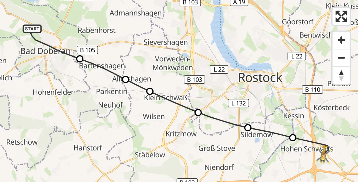 Flugroute Ambulanzhubschrauber Bad Doberan - Dummerstorf, 08 Juli 2026, 15:39