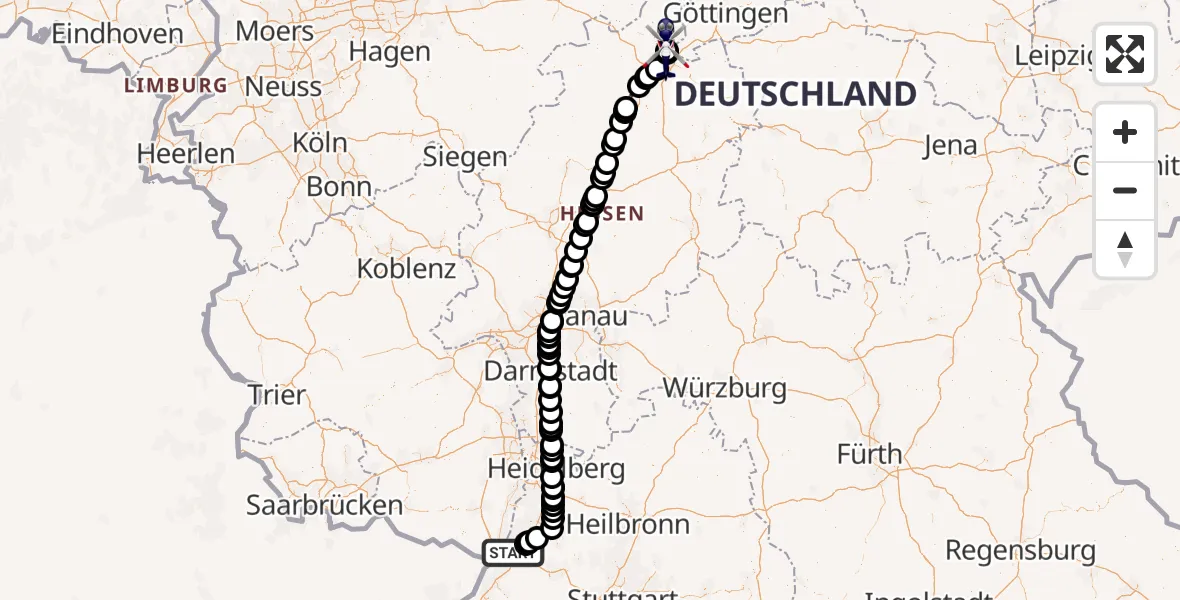 Flugroute Polizeihubschrauber Karlsruhe - Fuldatal Bundespolizei Hubschrauberlandeplatz, 08 Juli 2026, 15:40