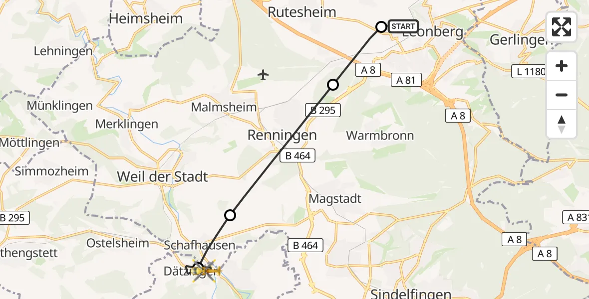 Flugroute Rettungshubschrauber Leonberg Hospital - Grafenau, 08 Juli 2026, 15:41