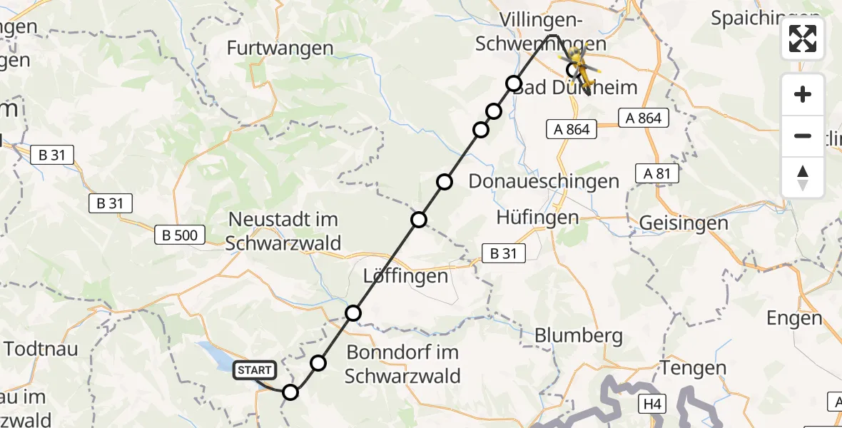 Flugroute Ambulanzhubschrauber Schluchsee - Bad Dürrheim, 08 Juli 2026, 15:46