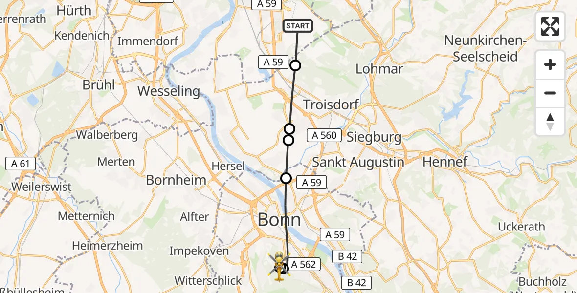 Flugroute Ambulanzhubschrauber Köln Bonn Flughafen - Bonn University Hospital, 08 Juli 2026, 15:54