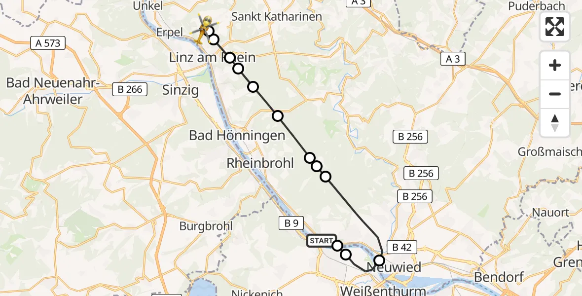 Flugroute Rettungshubschrauber Leutesdorf - Kasbach-Ohlenberg, 08 Juli 2026, 15:58