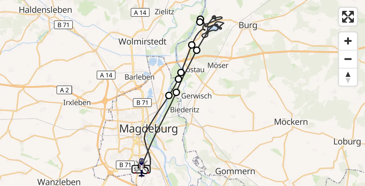 Flugroute Polizeihubschrauber Magdeburg City Flugplatz - Magdeburg City Flugplatz, 08 Juli 2026, 15:58
