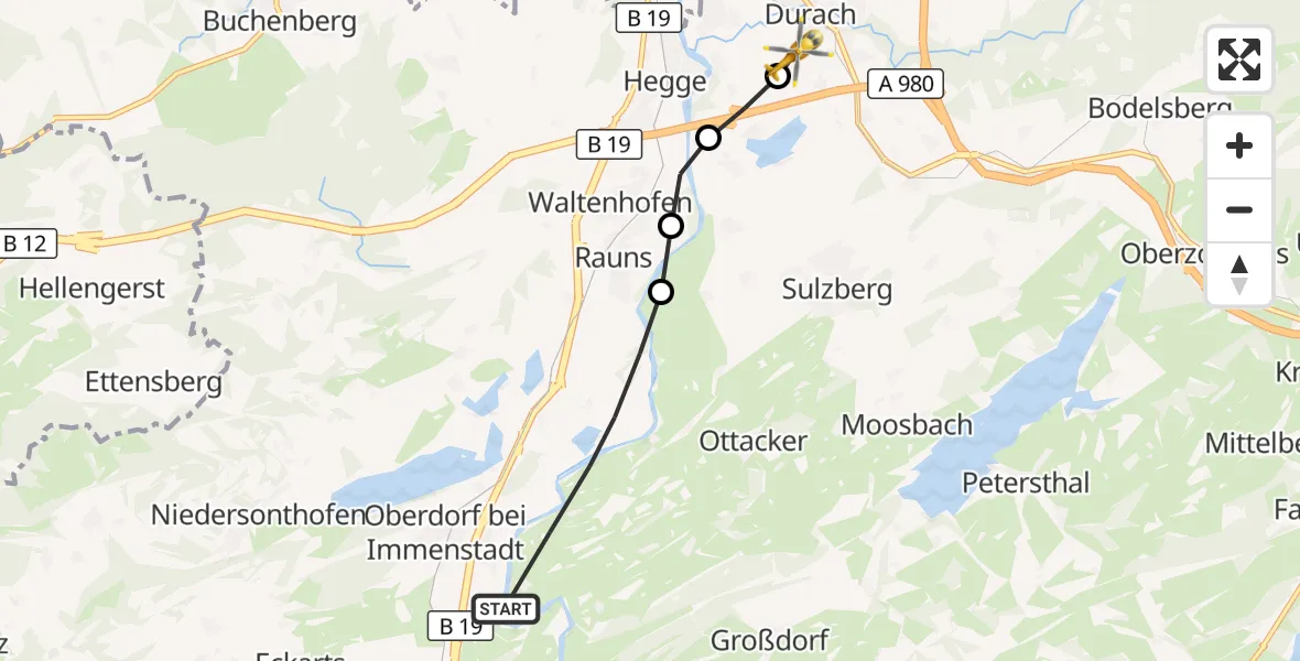 Flugroute Rettungshubschrauber Waltenhofen - Kempten-Durach Flugplatz, 08 Juli 2026, 15:59