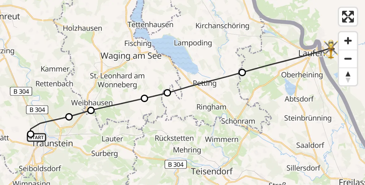 Flugroute Rettungshubschrauber Traunstein Hospital - Laufen, 08 Juli 2026, 16:00