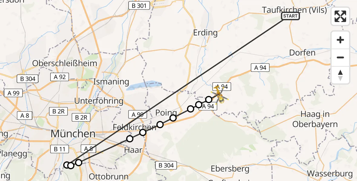 Flugroute Rettungshubschrauber Taufkirchen (Vils) - Pastetten, 08 Juli 2026, 16:01